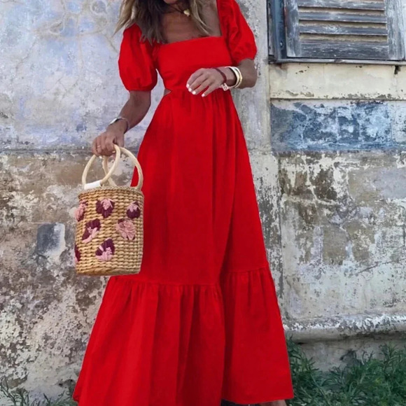 Red Casual Women's Solid Color Square Neck Short Sleeve Dress - Picture 4 of 4